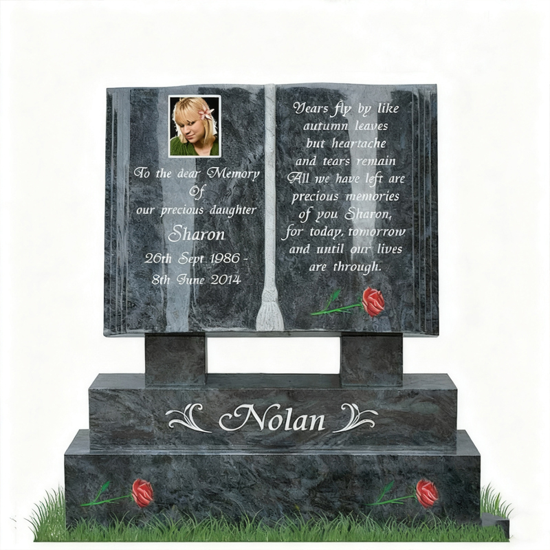 Kirjanmuotoinen graniittihautakivi