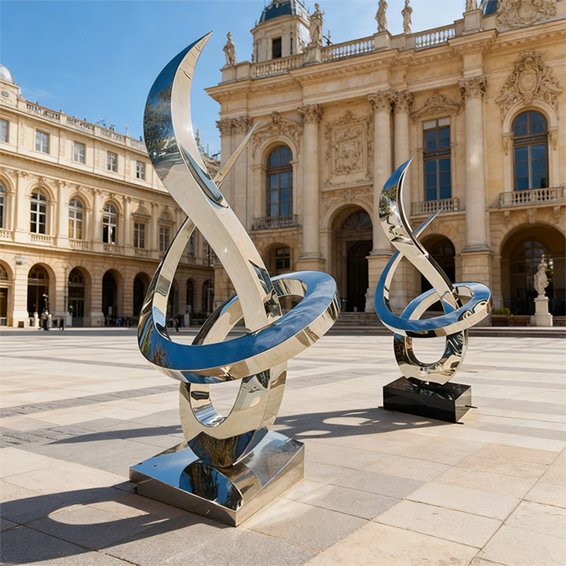 Sininen ja hopea virtaviivainen metalliveistos